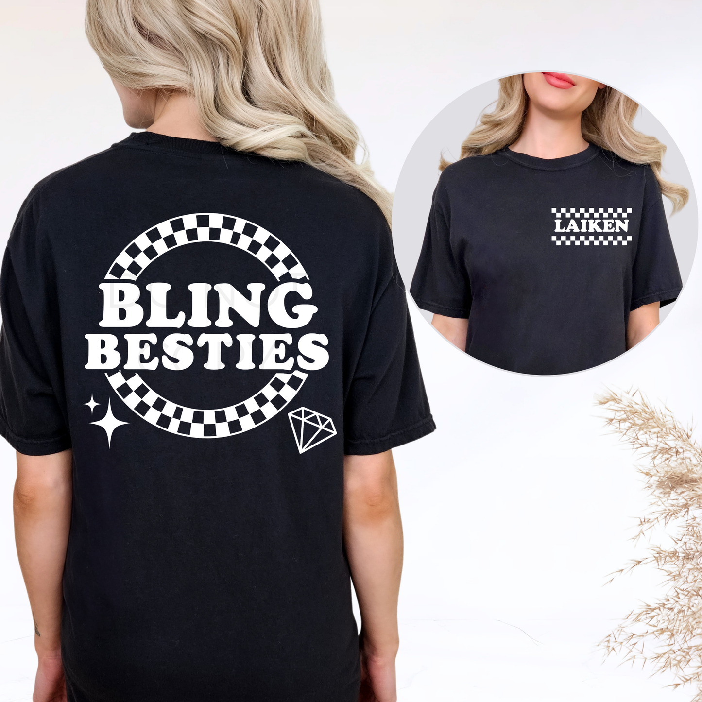 Bling Besties Tshirt - Back Logo with Name on Front