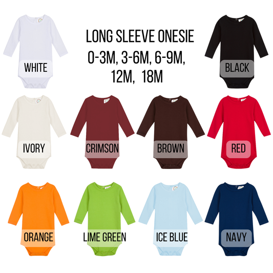Collection of long-sleeve baby onesies in various colors with size labels.