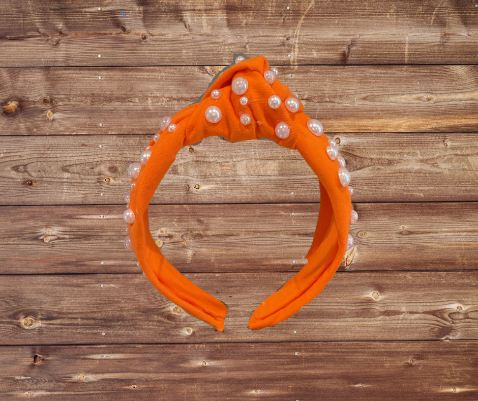 Orange Cotton Headband with White Pearls