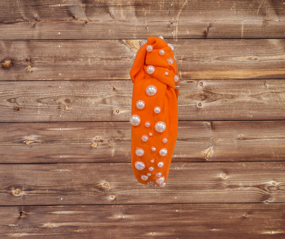 Orange Cotton Headband with White Pearls